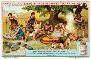 Isıtılmış taşlar kullanılarak tarih öncesi bira üretimi (chromolitho) by European School