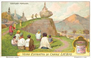 Dengeleyici bir kaya tapınağında ibadet eden Siyam Budistleri (chromolitho) by European School