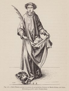 Aziz Stephen şehidin palmiye yaprağını ve şehadetinde kullanılan taşları taşıyor (gravür) by European School