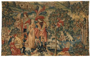 Meyve Toplama veya Seigneur'un Parkında veya Kırsal İttifakında ve Meyve Toplama ile Pastoral Sahnesini tasvir eden duvar halısı, 1500 civarı (yün ve ipek) by European School