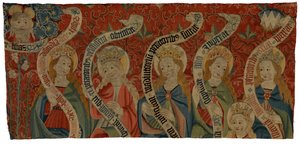 Yüce Allah'ı ve altı kutsal kadını tasvir eden, muhtemelen bir antependium'dan, 15. yüzyıl sonu duvar halısı parçası (yün) by European School
