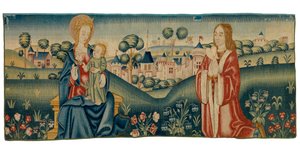 Aziz Benedict'in kalbini Meryem Ana'ya sunarken resmedildiği mille fleurs goblen parçası by European School