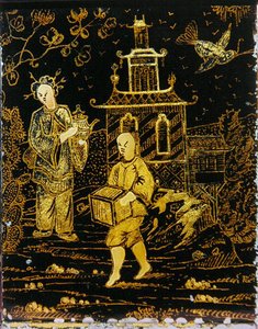 Bir hamal ve bir çaydanlık taşıyan bir bayanı tasvir eden Çin usulü Çay Caddy (metal) by European School