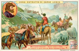 Bartolomeus Welser tarafından Alpler boyunca yapılan malların taşınması (chromolitho) by European School