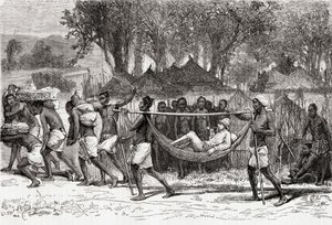 Verney Lovett Cameron, Oulonnda köyüne varıyor, Afrika, 1878 (ahşap gravür) by European School