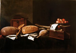 Natürmort Peches ve müzik aletleri. Evaristo Baschenis
