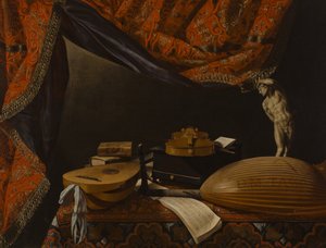 Müzik Aletleri, Kitaplar ve Heykel ile Natürmort, c. 1650 by Evaristo Baschenis