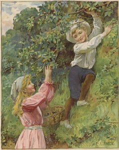 A young girl and a young boy picking blackberries  by Eveline Lance