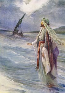 Denizde yürüyen İsa (renkli taş baskı)