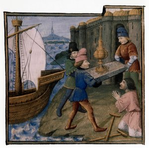 Arthur efsanesi: Filistin'de Kutsal Kâse'yi getiren Galaad, Perceval ve Bohort: Kâse engelli dilenciyi iyileştirecek, Evrard d'Espinques'in "Queste del saint graal"dan aydınlatması c. 1470