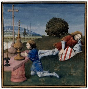Arthur efsanesi: Kutsal Kâse başka bir şövalyeye görünürken Lancelot uyuyor, Evrard d'Espinques'in "Queste del saint graal" c. 1470