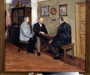 Draft oyuncuları. Evgeni Iosifovich Bukovetsky'nin tablosu (1866-1948). Tuval üzerine yağlı boya, 71 x 80 cm by Evgeniy Iosipovich Bukovetsky