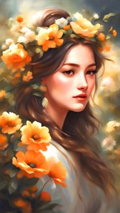 Güzel bir manzarada çiçeklerle süslenmiş bir kadın, duvar sanatı baskıları by F. Abderrahim