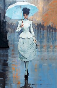 Genç bir kadın modacı sokakta elinde şemsiyeyle duruyor, sanat baskıları yapıyor by F. Abderrahim