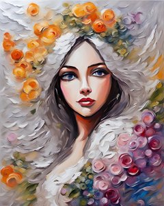 Çiçeklerle, çiçeklerle ve güzel duvar resimleriyle çevrelenmiş güzel bir genç kadın by F. Abderrahim