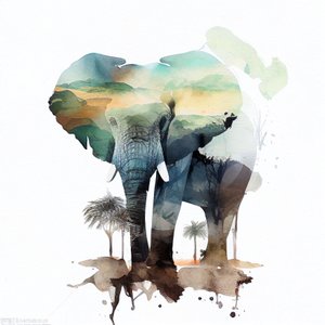 Suluboya fil resmi, Afrika Savanı, kare duvar Sanatsal baskılar