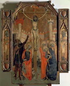 1358'de tamamlanan Almudaina'nın büyük sunağının orta panelinin üst kısmı olan Çarmıha Germe (panelde tempera) by F. Bassa and R. Destorrents
