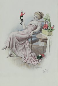 Elinde erkek şeklinde şampanya şişeleri olan bir kadını gösteren kartpostal, 1900 dolayları (renkli taş) by F. Kuderna