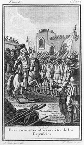 Hernando Cortes (1485-1547) Askerlerini İnceliyor, Antonio Rodriquez tarafından oyulmuş by F. Marti