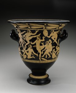 Beyaz figürlü Bell Krater, Dans Eden Satirler, MÖ 400-351 (pişmiş toprak) by Faliscan