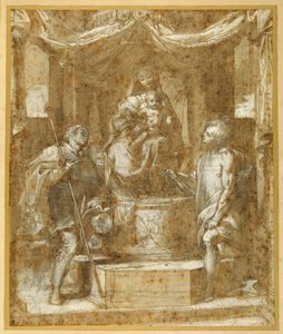 Bakire ve Çocuk, bir gölgelik altında, Sts Roch ve Sebastian ile (kahverengi yıkama ve kabartmalı kalem ve kahverengi mürekkep) by Federico Fiori Barocci or Baroccio