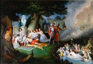 Armide bahçesinde Renaud Torquato Tasso (Kupa olarak da bilinir) tarafından “Kudüs delivree” (La gerusalemme liberata) sahnesinin İllüstrasyon. Çok sembolik Amours ile çevrili büyüleyici Armide, şövalye sihirli aynasının yardımıyla baştan çıkarıcı by Federico Peschiera