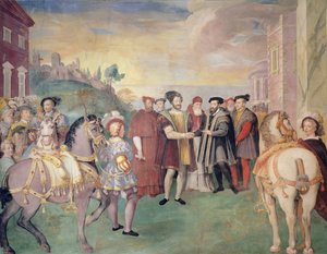 1538'de François I ve İmparator Charles V arasındaki Nice Ateşkesi, merkezde, Papa III. Paul Farnese, 1534'te seçildi