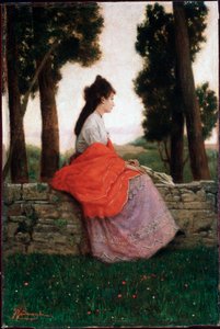 Küçük bir duvara oturmuş bir şey bekleyen genç bayan - Tablo Federico Zandomeneghi (1841-1917) Özel koleksiyon