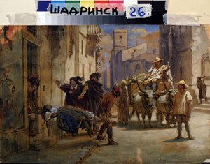Bir salgın sırasında. Ölü bir kadının cesedini diğer cesetlerle birlikte bir arabaya koymak için evden çıkaran sedyeciler. Feodor Andreyevich Bronnikov