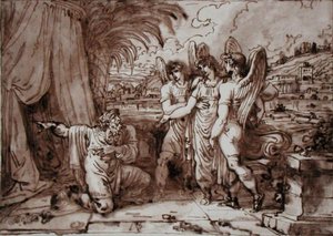 İbrahim ve Melekler (kalem ve kahverengi mürekkep, kağıt üzerinde kurşun kalem üzerine kahverengi yıkama) by Felice Giani