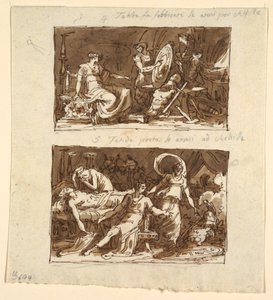 Hephaestus'un Atölyesinde Thetis; Aşil'e Zırhı Gösteren Thetis: Galeria d'Iliade, Palazzo Milzetti, Faenza'daki Tavan Panelleri için İki Tasarım by Felice Giani