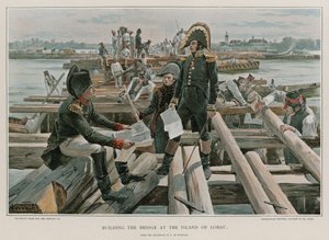 Building the bridge at the Island of Lobau  by Felicien baron de Myrbach Rheinfeld