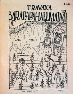 Ocak ayında tarlada çalışan İnka Hatun Runa çifti (Mürekkep çizimi