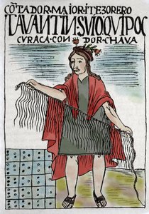 Quipu (Quipo Quipou) Halat ve düğümlerde İnka muhasebe sistemi, İnka kültürü 1400-1532 AD, Felipe Guaman Puma de Ayala (Nueva Coronica y Buen Gobierno), 16. yüzyılın Hintli köşe yazarı tarafından el yazması.