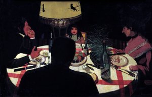 Akşam yemeği, lamba etkisi. Ressamın temsili eşini ve güzel çocuklarını çevreler. Felix Vallotton (1865-1925) Ec. Takip etmek by Felix Edouard Vallotton