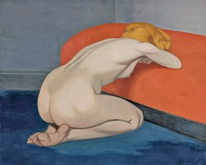 Kırmızı bir kanepenin önünde diz çökmüş çıplak kadın Vallotton, Felix Edouard (1865-1925)