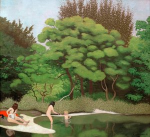 İki kadın ve bir çocuk ile güneşli ağaç altı manzara by Felix Edouard Vallotton
