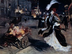 Belle Epoque: Geceleri bir Paris sokağında Ak balıkçıllı kadın. Felix Fournery