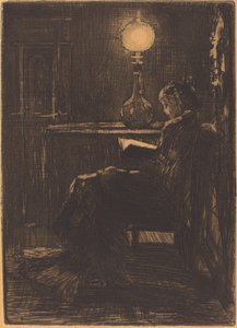 Lamplight tarafından Okuma Kadın, 1879. by Felix Hilaire Buhot