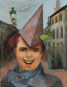 Kağıt Şapkalı ve Mavi Eşarplı Otoportre, 1936 dolayları (kontrplak üzerine yağlı boya) by Felix Nussbaum