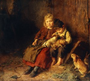 Tavşanlarla Oynayan İki Çocuk,