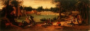 Yaban Domuzu Avı: Bir çift manzaradan biri by Ferdinand Bol