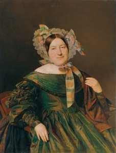 Yeşil, somon kırmızısı yanardöner elbiseli kadın by Ferdinand Georg Waldmuller