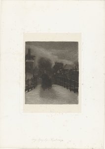 Bir köprüde çocuğu olan yaşlı kadın Kış Akşamı (nesne üzerindeki başlık) by Ferdinand Oldewelt (signed by artist)