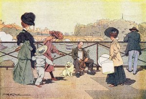Paris'teki sanatlar köprüsündeki kör dilenci, Imagier de l'enfance, 1900 dolayları (gravür)