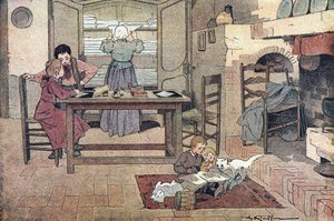 Evde çalışma (ev ödevi, okuma ve ev işi), Imagier de l'enfance'de, c.1900 (gravür)
