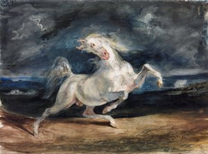Yıldırımdan Korkan At - Yıldırımdan Korkan At - Delacroix, Eugene (1798-1863) - 1825-1829 - Suluboya, Kağıt Üzerine Guaj - 23.6x32 - Szepmuveszeti Muzeum, Budapeşte by Ferdinand Victor Eugene Delacroix