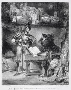 Faust ve Mephistopheles Arasındaki İlk Buluşma: Goethe'nin Faust'undan, 1828, (illüstrasyon) (bw litografi fotoğrafı) 'Neden tüm bu Gürültü' by Ferdinand Victor Eugene Delacroix