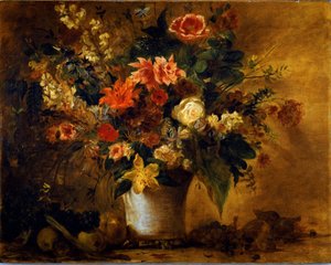 Çiçekler ve meyveler Gres vazoda çiçek buketi. Eugene Delacroix (1798-1863) 1843 yaklaşık boyama. Güneş. 74x93 cm Viyana Sanat Tarihi Müzesi, Neue Galerisi by Ferdinand Victor Eugene Delacroix