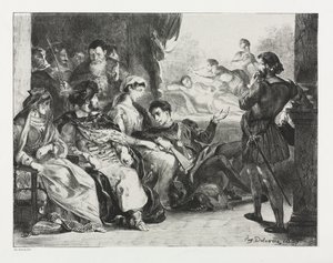 Hamlet: Hamlet, Oyunculara Babasının Zehirlenmesinden bir Sahne yapmalarını emrediyor, 1834. by Ferdinand Victor Eugene Delacroix